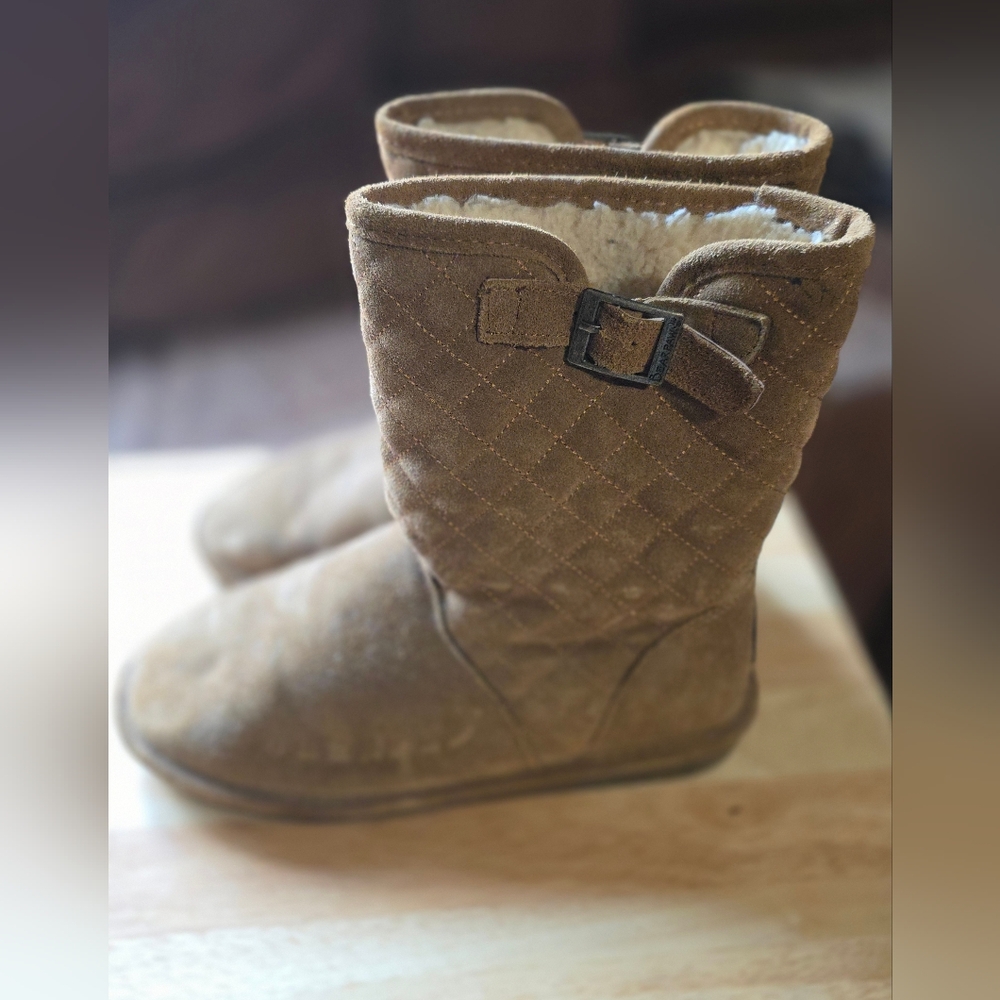 Tan Quilted Bearpaw Boots with Buckle